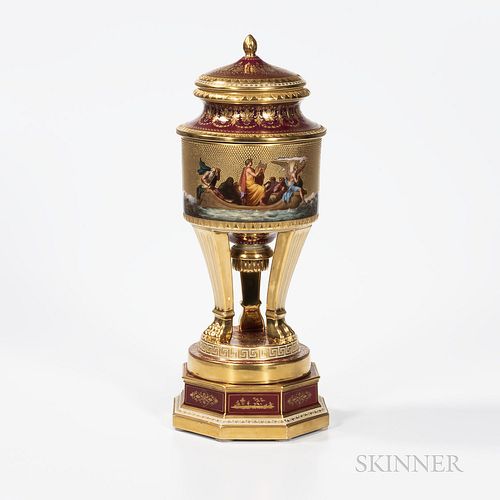 Royal Vienna Porcelain Vase, Collar, Cover, and Stand, Austria, 19th century, with polychrome enamel scene with classical figures, supp