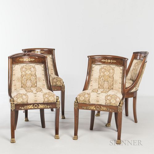 Four Napoleon III Bronze-mounted Mahogany Chairs, late 19th century, ht. 30 3/4, wd. 18, dp. 14 in.