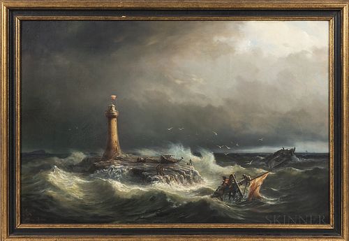 Hans Emil Jahn (Norwegian, 1834-1902), Wreck and Rescue by a Lighthouse, Signed "Hans Jahn" l.l., Condition: Lined, retouch, craquelure