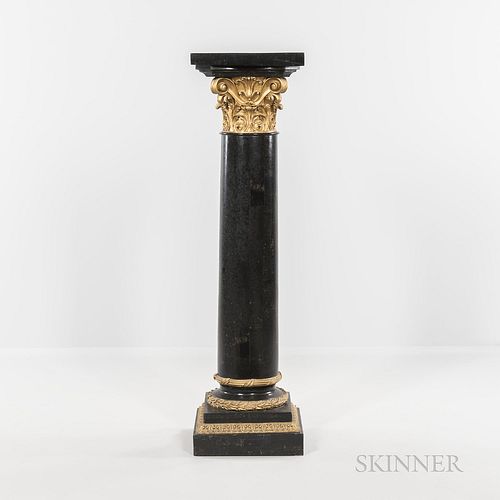 Marble-veneered Pedestal, with gilded Corinthian capital, ht. 51 1/2, top wd. 14, dp. 14 in.