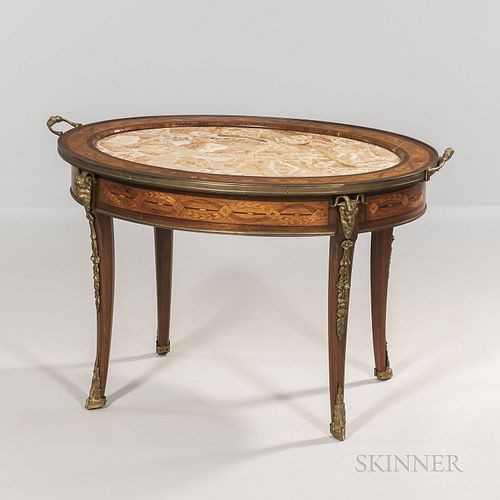 Marquetry and Marble-inset Tray Table, late 19th/early 20th century, ht. 20 1/2, lg. handle to handle 30 1/4, dp. 22 1/2 in.