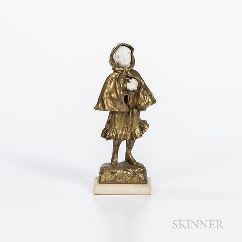 Henri Tremo aka Georges Omerth (French, active 1895-1925)  Gilt-bronze Figure of a Young Girl, modeled wearing a cloak and with bisque