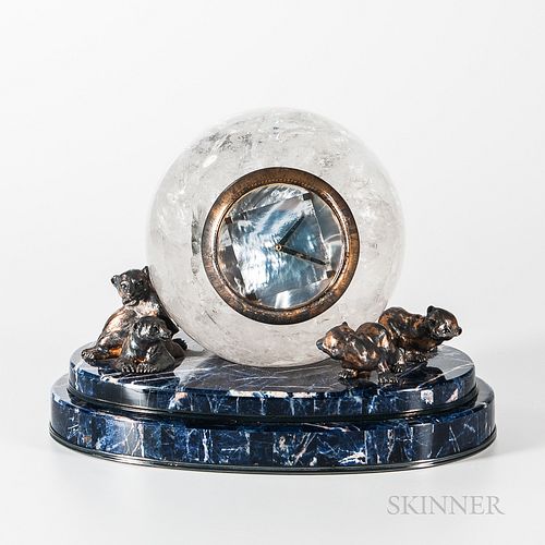 Chimento Rock Crystal and Marble Mantel Clock, Italy, second half 20th century, globular case inset with a gilt-metal-framed mother-of-