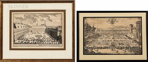 European School, 17th/18th Century Two Framed Engravings: Garden View of Nancy and Palace Square, Vienna Jacques Callot (French, 1592-1