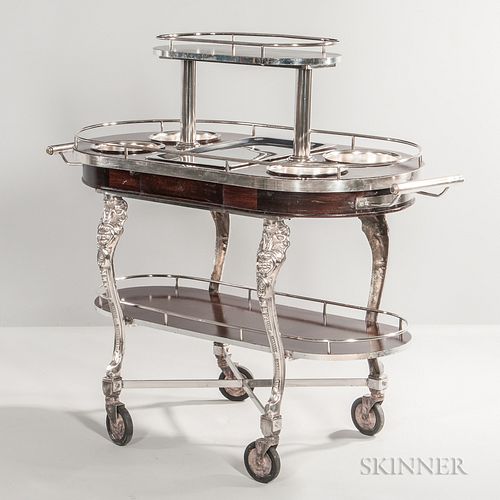 Three-tier Serving Trolley, 20th century, mahogany plywood with chrome, silver-plated fittings, handles, and legs, compartmented drawer