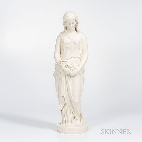 Copeland Parian Figure of Maidenhood, England, c. 1865, the standing figure modeled pensively posed and standing atop a circular base w