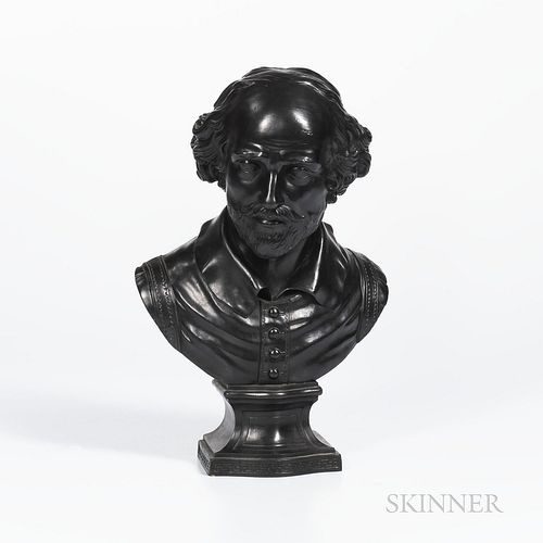 Wedgwood & Bentley Black Basalt Bust of Shakespeare, England, c. 1775, mounted atop a shaped socle, impressed mark, ht. 13 1/4 in.