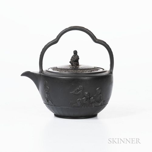Wedgwood Black Basalt Teakettle and Cover, England, 19th century, trefoil bail handle to a circular shape with Sybil finial, the body w