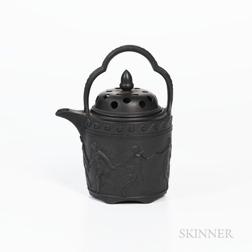 Wedgwood Black Basalt Kettle and Cover, England, late 18th century, pierced dome cover to a cylindrical shape with wave border above Da