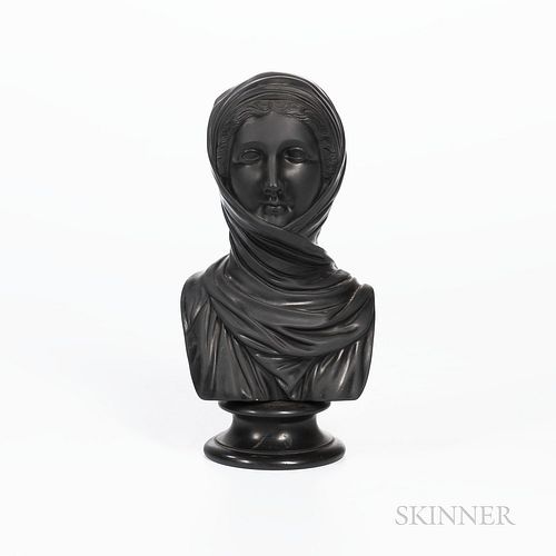 Wedgwood Black Basalt Bust of Vestal, England, late 19th/early 20th century, mounted atop a waisted circular socle, impressed title and