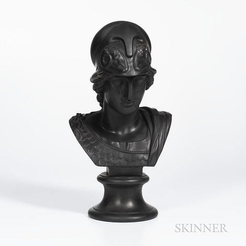 Wedgwood Black Basalt Bust of Minerva, England, late 19th century, mounted atop a waisted circular socle, impressed title and mark, ht.
