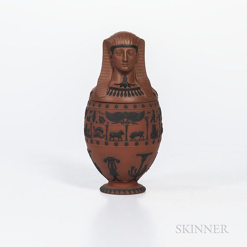 Wedgwood Rosso Antico Canopic Jar and Cover, England, early 19th century, with applied black basalt bands of hieroglyphs and zodiac sig