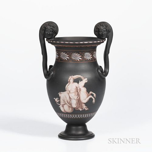 Encaustic Black Basalt Volute Krater Urn, England, 19th century, iron red, black, and white with a maiden on horseback below a running