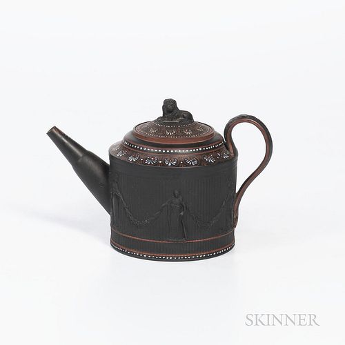 Turner Encaustic Decorated Black Basalt Teapot and Cover, England, c. 1800, lion finial, cylindrical shape with relief of classical fig