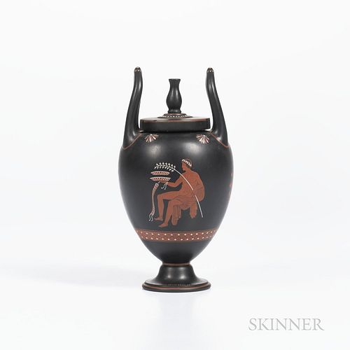 Wedgwood Encaustic Decorated Black Basalt Vase and Cover, England, 19th century, urn finial and upturned loop handles, iron red, black,