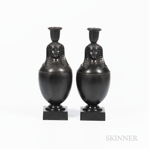 Pair of Non-period, Non-factory, Black Basalt Canopic Candlesticks, England, each with candle nozzle mounted atop the head, impressed W