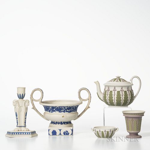 Five Wedgwood Stoneware Items, England, 19th century, two white ground with blue relief, an Egyptian candlestick, ht. 6 7/8; potpourri