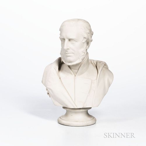 Carrara Bust of Havelock, England, c. 1860, probably Wedgwood, modeled by E.W. Wyon, mounted atop a waisted circular socle, impressed t