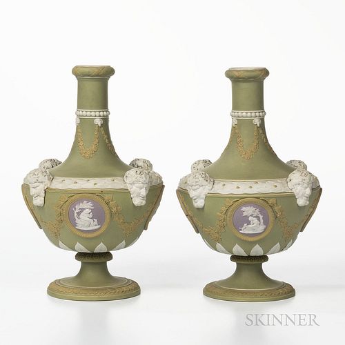 Pair of Wedgwood Four Color Jasper Dip Barber Bottles, England, c. 1882, green ground with lilac medallions, yellow floral festoons, fr