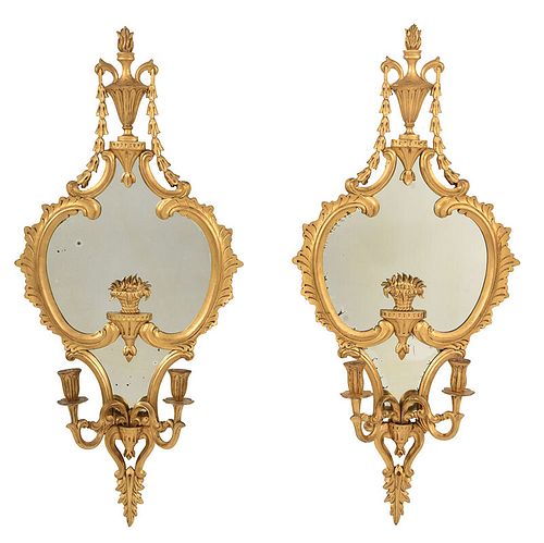 Pair Chippendale Style Giltwood Mirrored Sconces