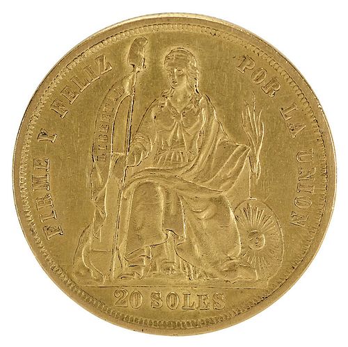 1863 Peruvian 20 Soles Gold Coin 