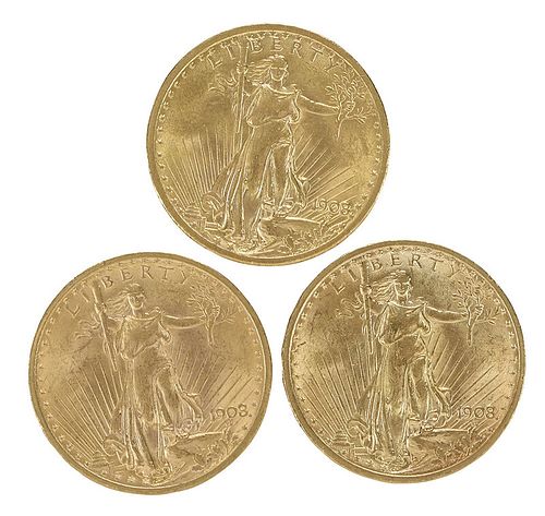 Three Gold $20 Double Eagle Coins 