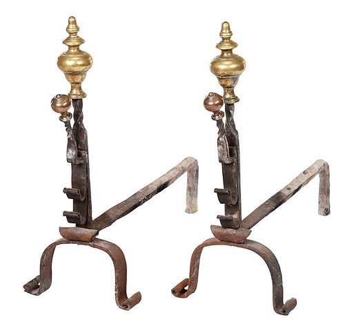 Pair William and Mary Brass Wrought Iron Andirons