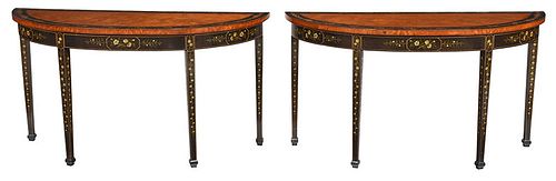 Pair Adam Style Satinwood Demilune Tables