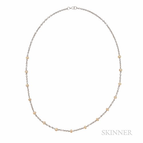 Platinum and 18kt Gold and Diamond Chain, the gold and diamond barrel links joined by platinum chain, 12.2 dwt, lg. 19 in.