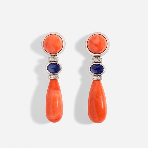 Coral and sapphire ear pendants