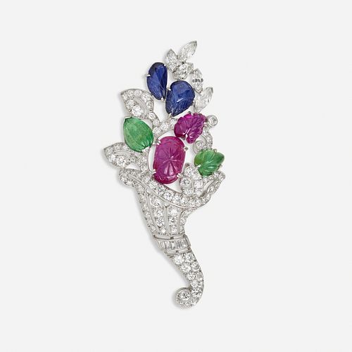 Art Deco Tutti Frutti diamond and carved gem brooch
