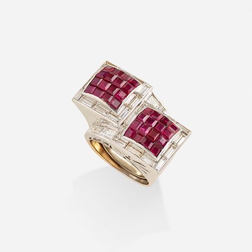 French Late Art Deco ruby and diamond ring