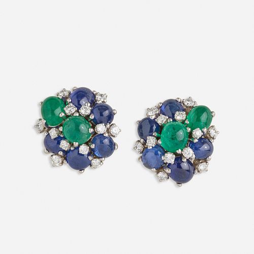 Emerald, sapphire, and diamond earrings