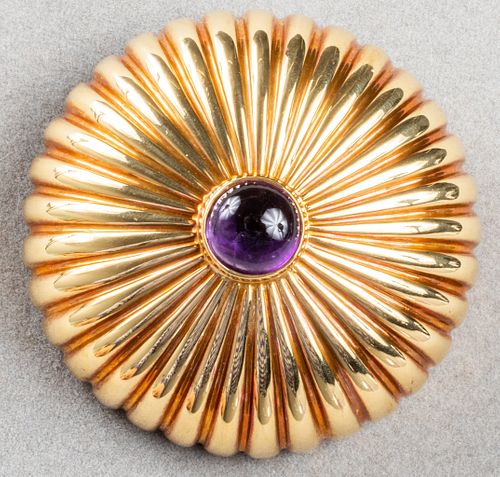 Vintage 18K Yellow Gold Amethyst Dome Brooch / Pin