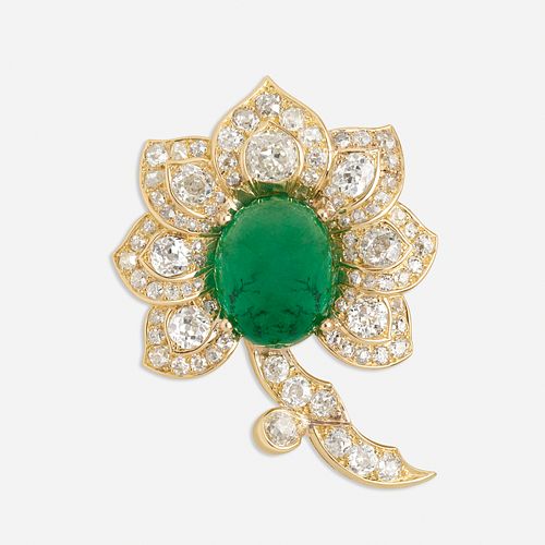 Emerald and diamond flower brooch