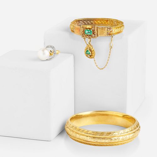 Antique emerald bracelet, gold bangle, and ring