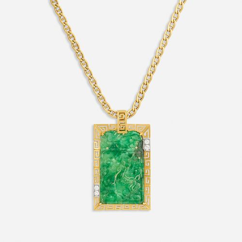 Carved jadeite and diamond pendant necklace
