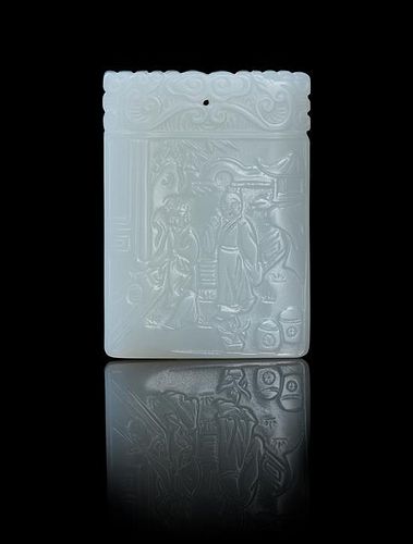A Carved White Jade Rectangular Pendant Height 2 1/2 inches.