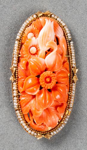 Antique 14K Yellow Gold Coral & Seed Pearl Brooch
