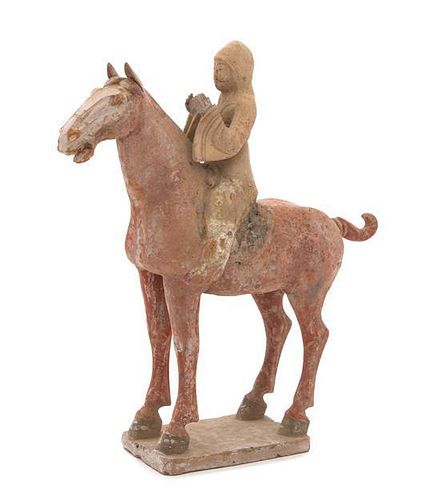 A Polychrome Glazed Pottery Equestrian Figural Group Height 16 inches.