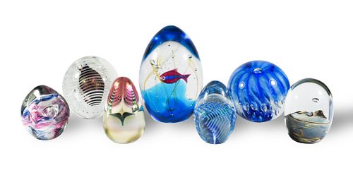 7 Signed Studio Art Glass Paperweights
