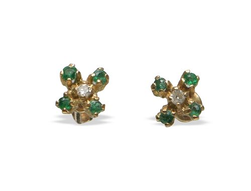 Pair 18K Gold, Diamond and Emerald Earrings