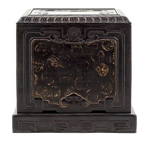 A Carved Wood Seal Box and Cover Height 7 1/4 x width 7 5/8 x depth 7 5/8 inches.