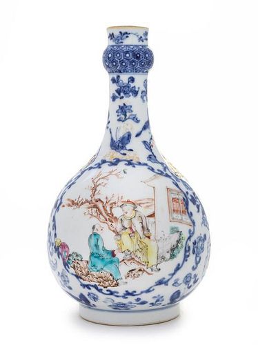 A Famille Rose and Underglazed Blue Porcelain Bottle Vase LIKELY MID-LATE QING DYNASTY Height 9 1/2 inches.