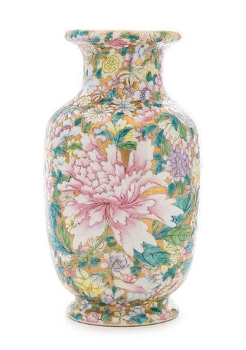 A Famille Rose "Millefleurs" Porcelain Vase Height 9 inches.