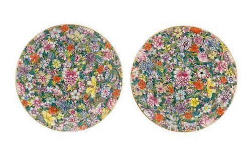 A Pair of Famille Rose "Millefleurs" Porcelain Dishes Diameter 7 1/2 inches.