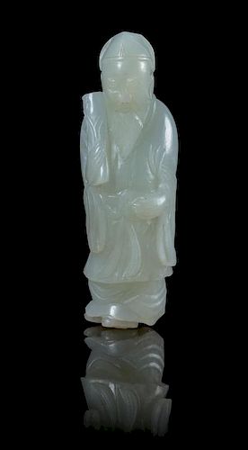 A Carved Jade Figure of a Standing Scholar Height of jade 3 7/8 inches.