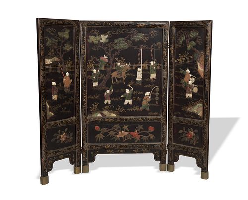 Antique Chinese Lacquer Screen with Hardstone