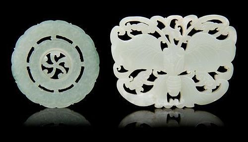 * Two Carved Jade Pendants Length of first 3 inches.