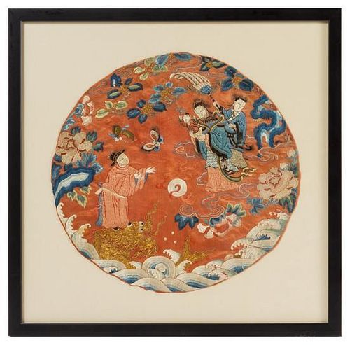 An Embroidered Silk Panel LIKELY 19TH CENTURY Diameter 15 3/4 inches.